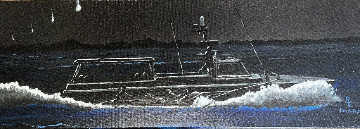 A painting of black and blue ship and people on it